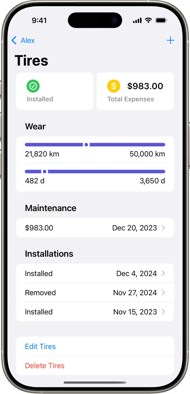 DriveDex parts and maintenance screenshot
